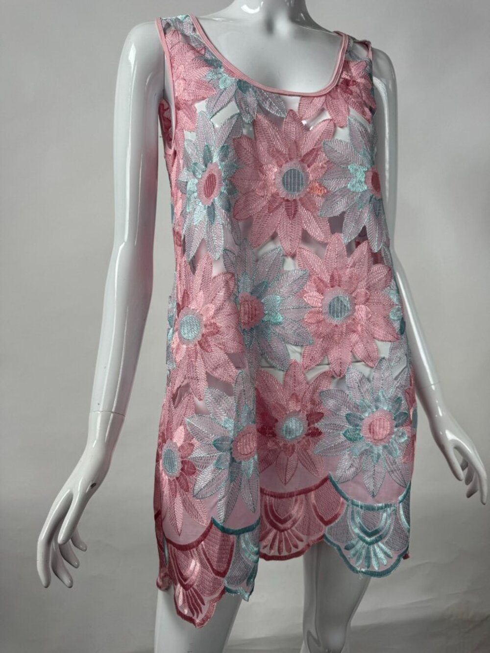 Floral Embroidered Sheer Mini Dress Pink & Mint XS By Again USA